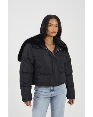 Brave Soul Padded Jacket With Faux Fur Hood - Black