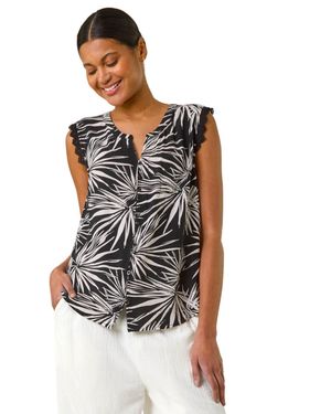 Roman Leaf Print Lace Detail Vest - Black