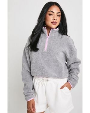 Boohoo Contrast Half Zip Funnel Neck Cropped Borg Sweatshirt - Grey
