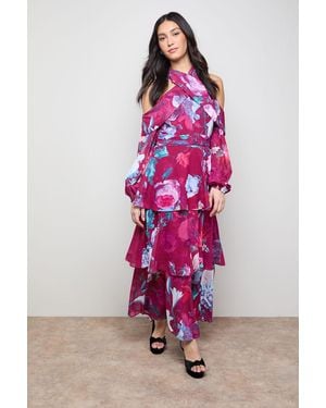 Oasis Printed Halterneck Off The Shoulder Tiered Maxi Dress - Pink