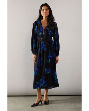 Wallis Floral Print Pin Tuck Detail Zip Midi Dress - Blue