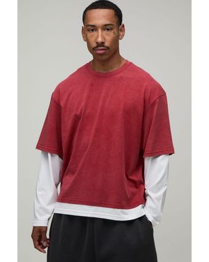 BoohooMAN Essential Washed Regular Fit Faux Layer Long Sleeve T-Shirt - Red