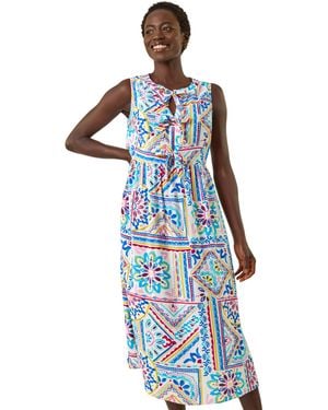 Roman Tie Print Bow Front Midi Dress - Blue