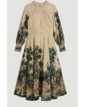 Karen Millen Plus Size Botanical Print Woven Balloon Sleeve Maxi Dress - Green