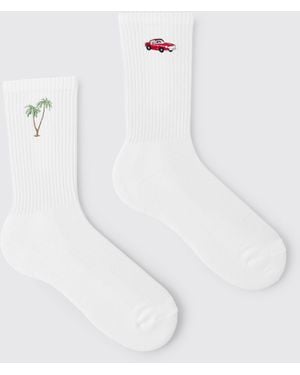 BoohooMAN 2 Pack Palm Tree & Car Embroidered Socks - Blue