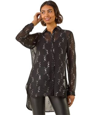 Roman Spot Foil Print Longline Shirt - Black