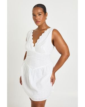 Boohoo Plus Broderie Scallopped Neck Corset Skater Dress - White
