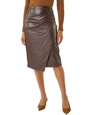 Roman Faux Leather Ruched Wrap Skirt - Brown