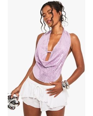 Boohoo Sequin Drape Front Halter Top - White