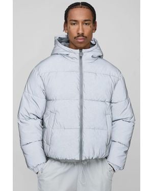 BoohooMAN Oversized Boxy Crinkle Reflective Fabric Hooded Puffer Jacket - Blue