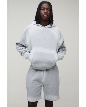 BoohooMAN Oversized Shrunken Sport Drop Shoulder Raglan Hooded Short Tracksuit - Grey