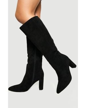 Boohoo Wide Fit Faux Suede Block Heel Knee High Boots - Black