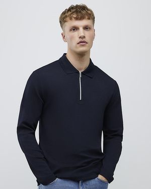 River Island Polo Shirt Slim Fit Textured Zip Neck - Blue