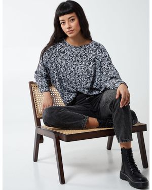 Blue Vanilla Mini Floral Print Deep Hem Batwing Top - Grey