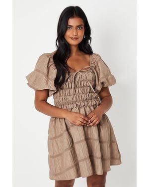 Oasis Striped Seersucker Bardot Puff Sleeve Shirred Mini Dress - Brown