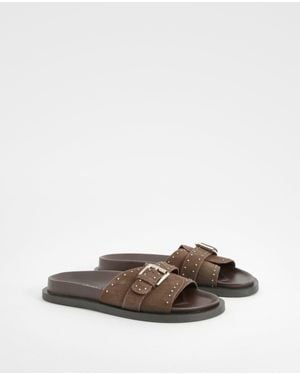 Boohoo Studded Leather Sliders - Brown