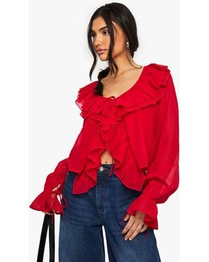 Boohoo Chiffon Ruffle Blouse - Red