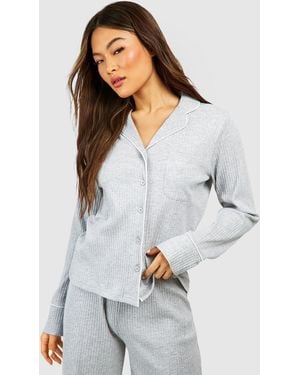 Boohoo Loungewear Rib Piping Detail Long Sleeve Shirt - White