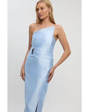 Karen Millen Satin Twill Trim Detail Structured Asymmetric Neck Tailored Midi Dress - Blue