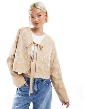 ASOS Embroidered Bow Front Cropped Jacket - Natural