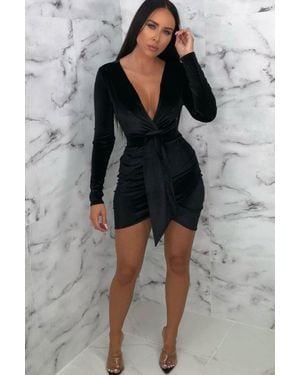 Femme Luxe Velvet Tie Front Bodycon Mini Dress - Black