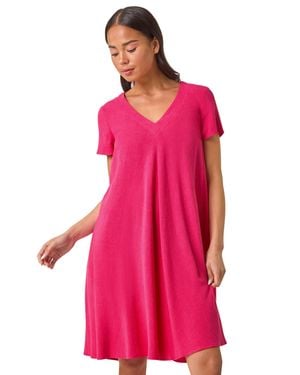 Roman Petite V-Neck Swing Pocket Dress - Pink