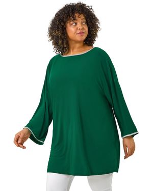 Roman Curve Diamante Trim Stretch Top - Green