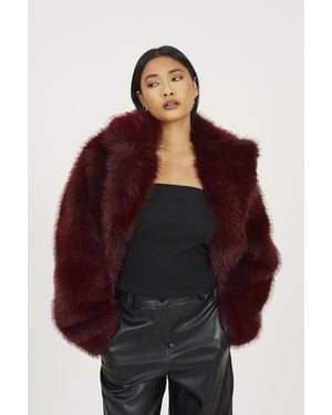 Brave Soul Revere Collar Short Faux Fur Jacket - Red