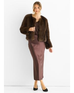 Gini London Coffee Round Neck Faux Fur Cropped Jacket - Brown