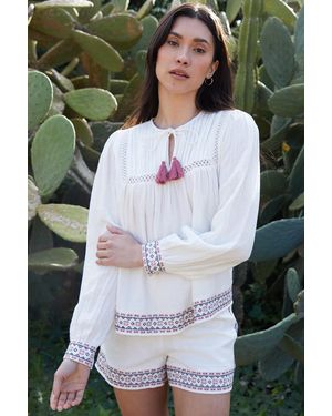 Threadbare Tie Neck Embroidered Long Sleeve Blouse - Grey