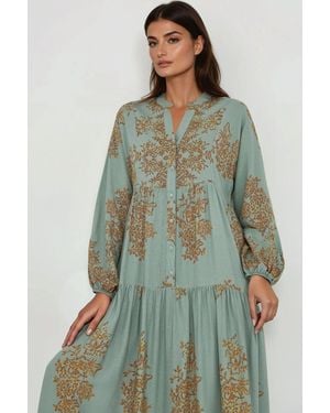 Hiccup Printed Viscon Maxi Dress With Shirt Collar - Green