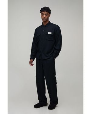 BoohooMAN Linen Regular Cargo Shirt & Relaxed Trouser Set - Blue