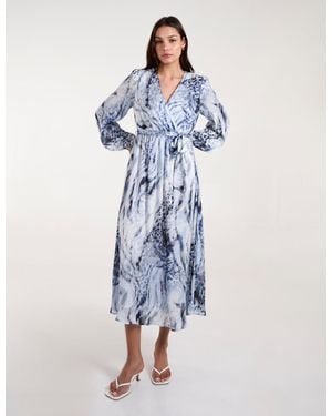 Blue Vanilla Watercolour Wrap Front Belted Midi Dress - Blue
