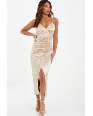 Quiz Champagne Wrap Ruched Maxi Dress Satin - White