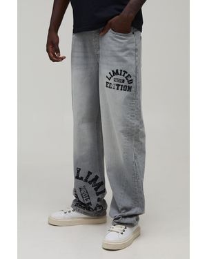 BoohooMAN Relaxed Varsity Print Contrast Jeans - Grey