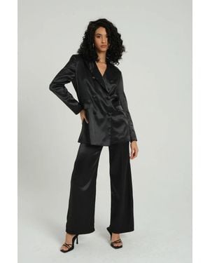 Hiccup 2 Pieces: Collar Satin Buttoned Oversized Blazer & High Waist Wide Leg Trousers - Black