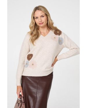 Izabel London Floral Embroidered Detail V-Neck Jumper - Natural