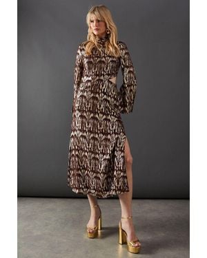 Warehouse Animal Metallic Jacquard Midi Dress - Brown