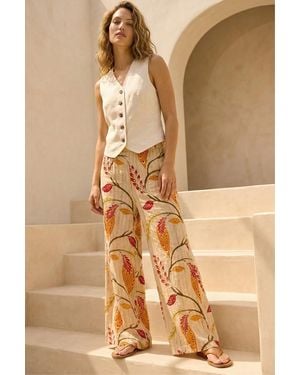 Roman Textured Leaf Print Metallic Trouser - Natural