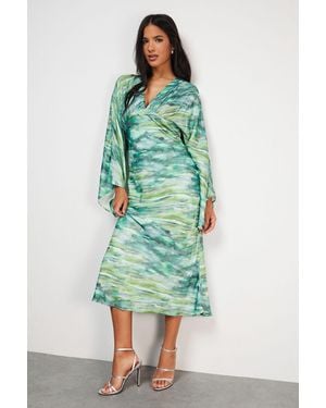 Warehouse Flare Sleeve Plunge Satin Midi Dress - Green