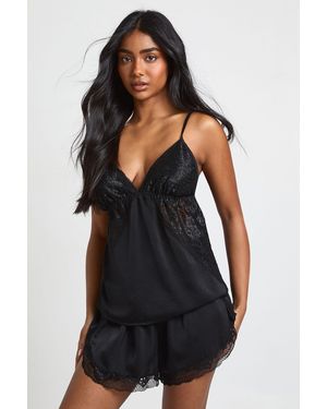 Boohoo Satin Lace Detail Cami & Short Pyjama Set - Black