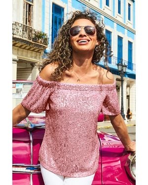 Sosandar Sequin Bardot Short Sleeve Top - Pink