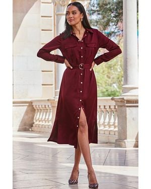 Sosandar Burgundy Satin Utility Shirt Dress - White