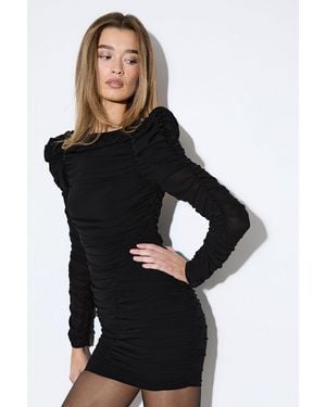 MissPap Ruched Detail Volume Shoulder Mini Dress - Black