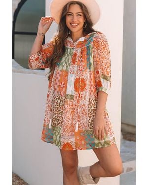 Everyday the Label Boho Paisley Mixed Print 3/4 Sleeve Chiffon Loose Dress - Natural