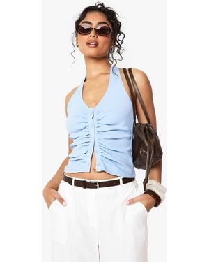 Boohoo Rib Button Through Halterneck Top - Blue