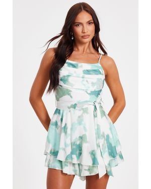 Quiz Sage Satin Marble Print Playsuit - Blue