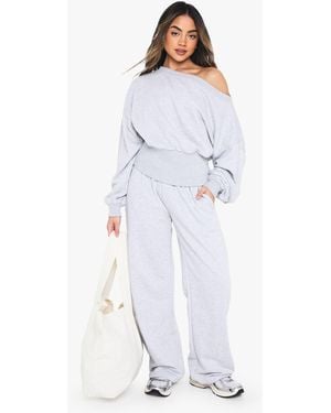 Boohoo Off The Shoulder Cinched Waist Wide Leg Tracksuit - White
