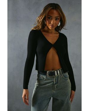 MissPap Rib Knit Button Front Top - Black