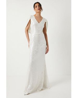 Coast Sheer Sequin Cape Back Bridal Dress - White